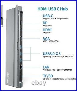 Laptop Docking Station, 12 In 1 Universal USB C Hub Dual Monitor to 4K HDMI+DP+V